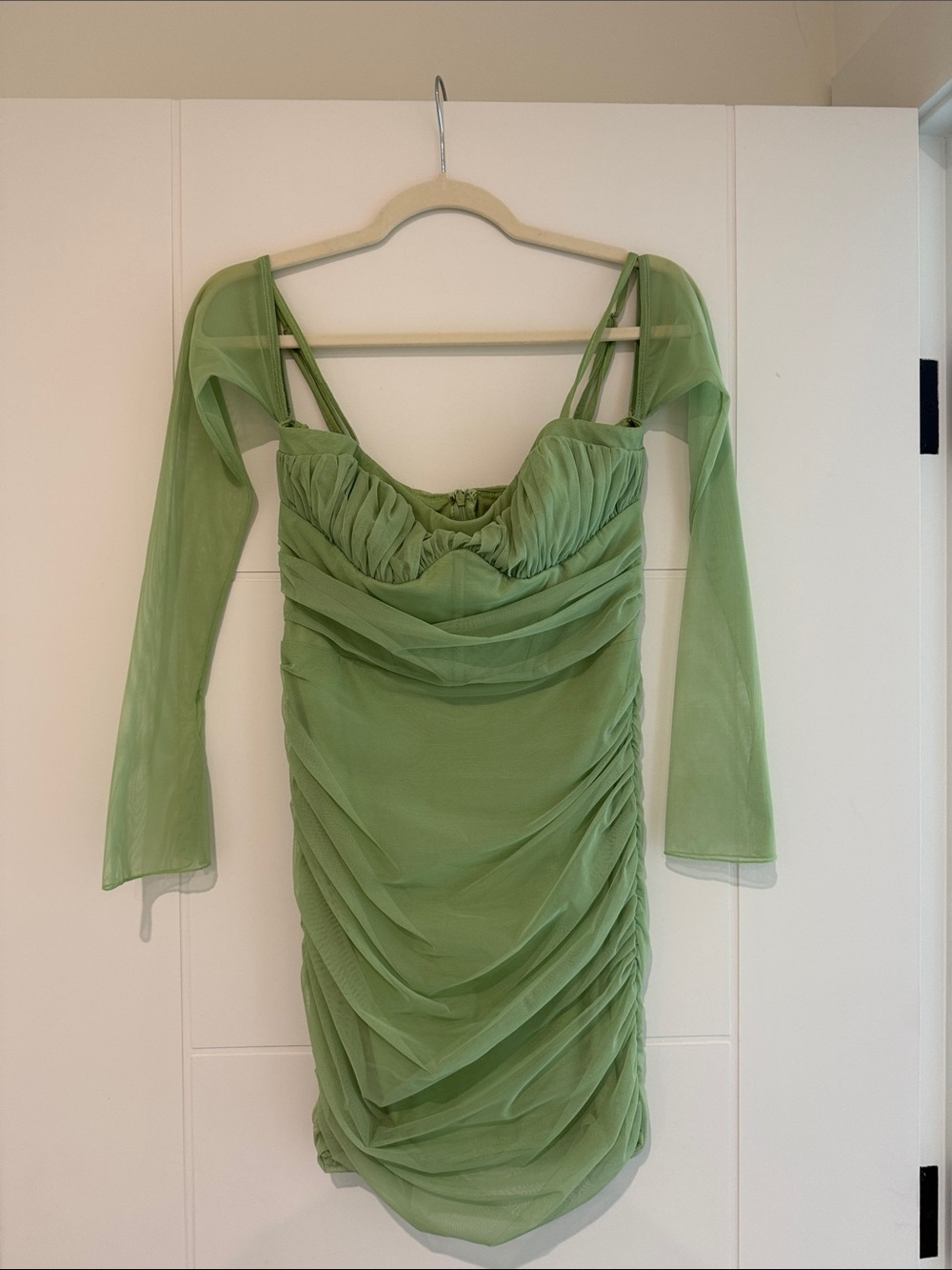 Oh Polly Sage Green Ruched Mesh Long Sleeve Bodycon Dress